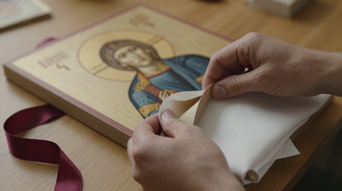 Подготовка иконы к дарению Руки бережно заворачивают православную икону в крафт-бумагу и льняную ткань для подарка